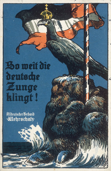 "Soweit die deutsche Stimme klingt" - Die Bildpostkarte des Alldeutschen Verbands von 1914 propagiert deutsche Ansprüche in Mittel- und Osteuropa.