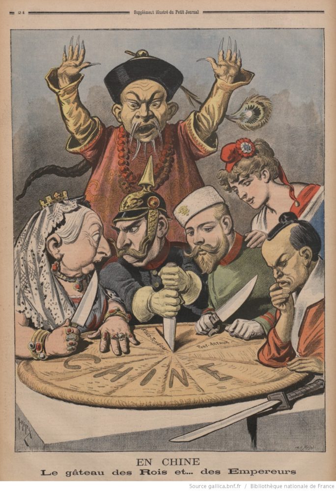 Japan holt sich sein Stück vom chinesischen Kuchen - Kariktatur "En Chine" von 1898 (Le Petit Journal)